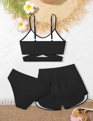 Image of Girls Swimsuit 3 Piece Bathing Suit Criss Cross Bikini Set Girls' Swimwear with Shorts 7-16T
