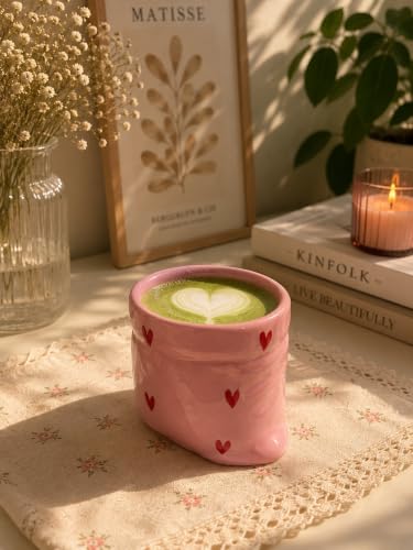 Image of Handmade Heart Print Ceramic Pouch Coffee Mug - Aesthetic Pink Tea Cup for Coffee Milk Espresso, Cute Pottery Style Designer Mug for Women Girls Home Cafe Use