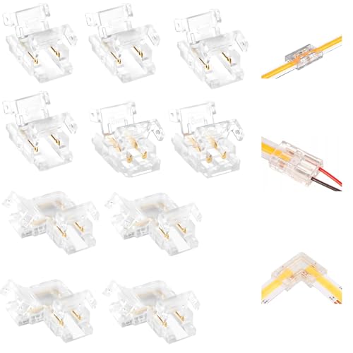 COB ledstripconnectorset, 2-pins 8 mm led-hoekverbinder, 2-polig 8 mm, (4 L-vormig + 6 middenconnector), ledstrip-connector, geen solderen nodig, voor brede ledstrips, 12 V, 24 V (type 1)