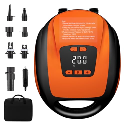 20 PSI Electric SUP Pump 12V Car Paddle Board Pump with Auto-Off & Deflation Dual Stage Fast Inflator with Digital LCD Pressure Preset 7 Valve Adapters for iSUP Inflatable Kayak & Boat