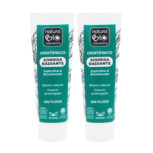 NaturaBIO Cosmetics - PACK PROMO 2 Pastas de Dientes Sin Flúor Sonrisa Radiante Dientes Blancos Sabor Menta, 75 ml, Pasta de Dientes Vegana con Certificación Cosmo Organic