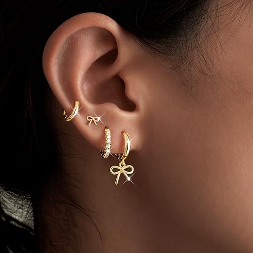 Image of Small Gold Huggie Hoop Earrings Set for Women Men Hypoallergenic 14K Plated Stack Cartilage Earrings, Sterling Silver Multiple Piercing Lightweight Mini Thin Cute Dainty Trendy Jewelry Gifts for Women