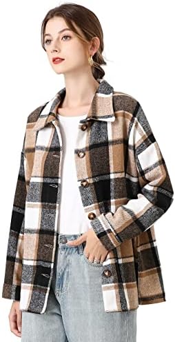 Liengoron Women Plaid Shacket Jacket Oversized Flannel Long Sleeve Plaid Shacket Shirt Jacket Button Down Plaid Shackets Khaki