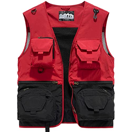 Chaleco para hombre multibolsillo de primavera otoño chaqueta roja de pesca y fotografia exterior 2XL