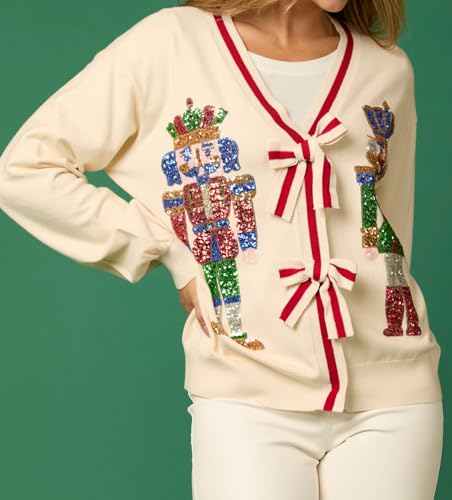 Image of Women Sequin Nutcracker Cardigan Funny Bow Tie Ugly Christmas Sweater Cute Open Front Knitted Long Sleeve Party Top Beige
