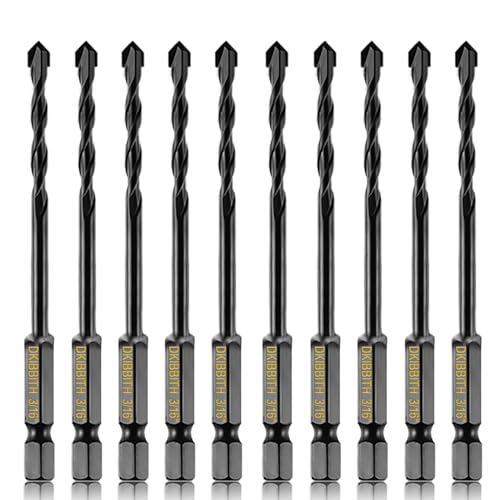 10-Piece 3/16” Masonry Drill Bits for Concrete Tiles Stone, 3/16 Inch Carbide Concrete Drill Bit Set for Glass Ceramic Cement Brick Soft Metal Plastic Wood, Hex Shank Drill Bit Set Diameter 5mm, Black
