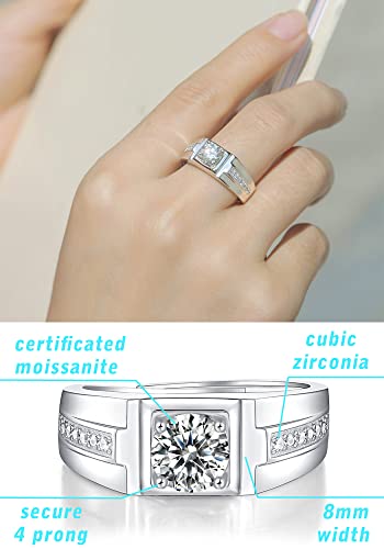 Moissanite CZ Zircon S925 Men's Engagement Ring, 1-2ct D Color VVS Clarity Round Brilliant Cut Lab Created Diamond Cubic Zirconia Classic 4 Prong Solitaire 925 Sterling Silver 18K Platinum Plated Promise Wedding Anniversary Band Size Adjustable with Certificate and Gift Box3