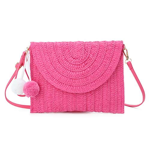 Syrads Bolso de mano de paja de noche para mujer Bolso de playa de verano Bolso de sobre tejido de paja,Rosa C