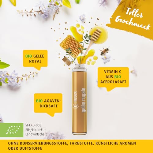 Medex Biologisches Gelée Royale FORTE, extra stark mit 1500 mg Gelee Royal, Flüssigkeit in Ampullen, leicht zu öffnen, mit natürlichem Vitamin C, aus biologischem Anbau 10 x 9 ml