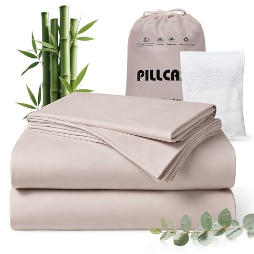 Pillcase Luxury Organic Tencel & Viscose from Bamboo Cooling Sheet Set,Silky Soft Lyocell Sheets with Deep Pocket, Hypoallergenic & Breathable Bedding with Pillowcases (Sand, Queen)