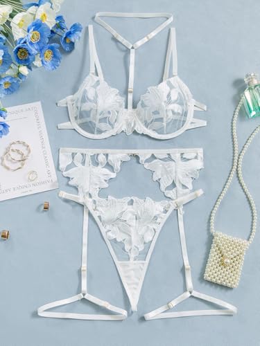 Image of Lilosy Sexy Choker Floral Lace Scallop Sheer Underwire Push Up Garter Belt Lingerie Set 3 Piece