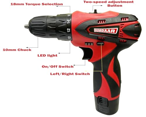 Image of Inditrust Dumdaar 12V Cordless Drill Screwdriver Tool Kit (25PCS) | 1350 RPM Two-Speed Power Drill | 10mm Keyless Chuck | Multi-Torque Clutch | Reversible Switch | Includes 2 x 1.5Ah Power Packs