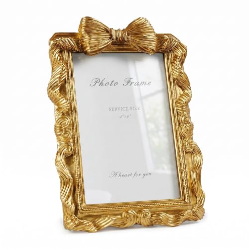 Cuspin 4x6 Gold Picture Frame Bow Frames, Vintage 4 by 6 Photo Frame with Bowknot...
