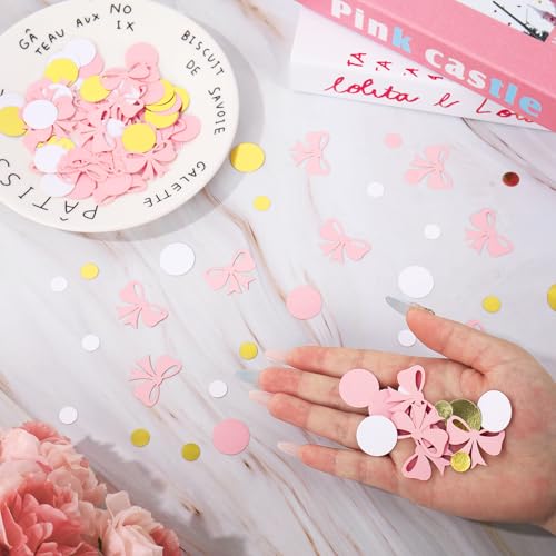 Image of Whaline 300 Pcs Pink Bow Table Confetti Cute Bowknot Dot Shaped Confetti Pink Gold White Table Centerpieces for Coquette Birthday Party Decoration