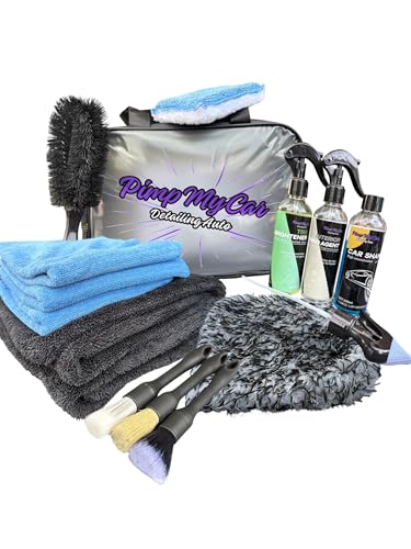 Pimp My Car – Kit Nettoyage Voiture complet - Sac Detailing auto intérieur extérieur - Microfibre, Microfibre Séchage, Shampoing, Nettoyant Jantes, APC,...