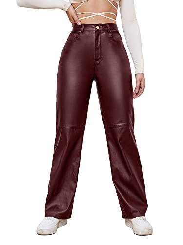 WDIRARA Women's Slant Pocket Straight Leg High Stretch Jeans Leather Look Long Pants