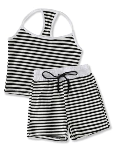 Image of Size 7-14Y Girls Clothes 2 Piece Outfits Striped Tank Top Drawstring Shorts Teen Girls Summer Clothing Sets