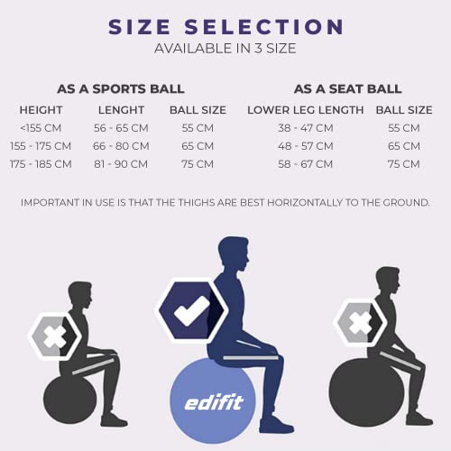 EDIFIT, Gymnastikball, 55, 65 und 75, Pezziball, Einschließlich Inflator, Pilates Ball, Sitzball, Pilates, Yoga Ball, Gymnastik (65cm, Blau)
