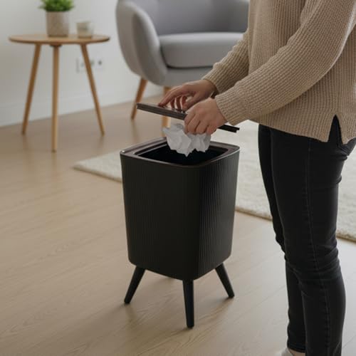 Image of House of Quirk Bathroom Trash Cans with Lids, 9 Litre Modern Office Trash Can for Near Desk, Kitchen Garbage Can Small Garbage Bin, Nordic Waste Bin (Black)