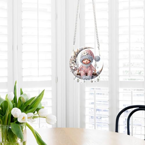 Image of AiYuanzsh Christmas Baby on Moon Diamond Painting Hanging Kit, DIY 5D Acrylic Diamond Art Pendant with Special Shaped Rhinestones, Elegant Wall or Window Decoration, Handmade Craft Gift for Adults