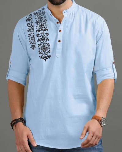 Image of FINIVO FASHION Men's Regular Fit Cotton Blend Kurta Shirt | Full Sleeve Ethnic Shirt with Mandarin Collar and Button Placket | Casual Kurta for Daily and Traditional Use