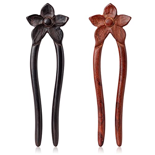 Noverlife 2Pcs French Style U Shaped Hair Forks, Handcrafted Ebony Sandalwood Hair Sticks For Buns, With Elegant Flower Design, 2 Prong Updo Chignon Pin For Women Girls Hairstyle Hair Accessories #TOP25
