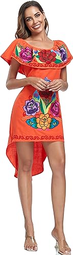 Image of YZXDORWJ Women's Mexican Asymmetrical Dress Embroidered Floral Off-Shoulder Cocktail Latina Fiesta Dress