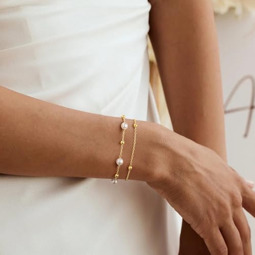 Yoosteel Gold Pearl Bracelets for Women, Dainty 14K Gold Plated Pearls Beaded Link Chain Bracelet Jewelry Gift for Women2