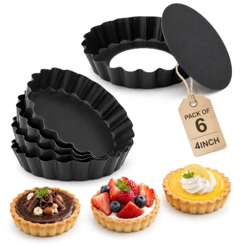 Image of CURATED CART Tart Mould, Mini Tart Pan for Baking, 4 Inch, Pack of 6 with Removable Bottom, Small Non Stick Carbon Steel Quiche Mould for Oven Baking, Pie Tart, Cake Tray, Premium SGS Certified