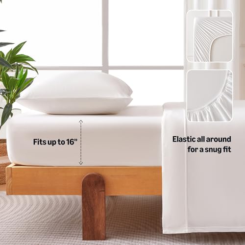Image of Amazon Basics Jersey Knit 3-Piece Sheet Set, Wrinkle Free and Easy Fit, Includes 16 inch Deep Pocket Fitted Sheet, 1 Flat Sheet and 1 Pillowcase, Twin, White