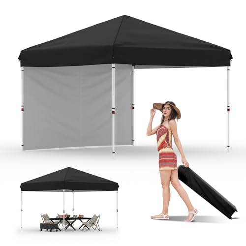 GarveeLife 10'x10' Pop Up Canopy Tent with 1Pcs Sidewalls, Portable Instant Commercial Canopy with 4 Stakes, 4 Ropes, 4 Sandbags for Farmers' Market, Patio, Outdoor, Camping, Black
