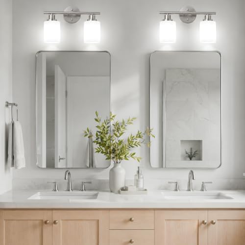 Image of Unicozin 2 Light Bathroom Light Fixtures, Modern Vanity Lights with Milky White Glass Shade, Brushed Nickel Wall Lamp Over Mirror for Bathroom, Living Room, Cabinet, Bedroom, E26 Base