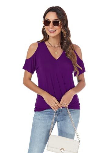 LEIYEE Womens Summer Cold Shoulder Tops Sexy Casual Short Sleeve V Neck Cute Front Knot Ruched Shirred T Shirt Blouse4