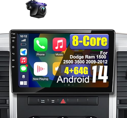 4+64G Android 14 Car Radio for Dodge Ram 1500 2500 3500 2009-2012 with Wireless Carplay Android Auto, 10‘’ HD Touchscreen Upgrade for Ram 1500 Stereo with Backup Camera Bluetooth AM/FM/RDS/SWC
