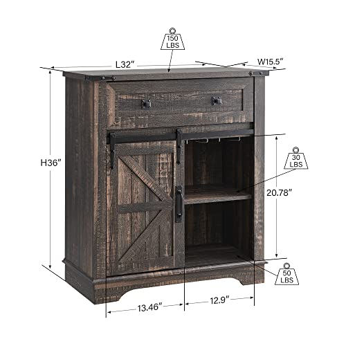Okd Farmhouse Coffee Bar Cabinet, 32" Sliding Barn Door Buffet Sideboard Cabinet With Drawer, Adjustable Storage Shelves, Wooden Accent Cabinet For Kitchen, Living Room, Dining Room(Dark Rustic Oak) #TOP1
