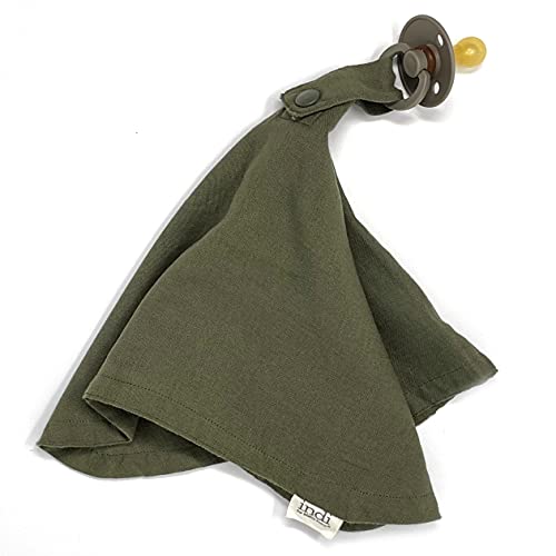 Image of Kishu Baby Indi Organic Paci Blanket - Fairtrade & GOTS Certified 100% Organic Cotton Muslin Mini Baby Blanket with Snap to Secure Baby Pacifier - Pacifier Not Included (Dark Olive)