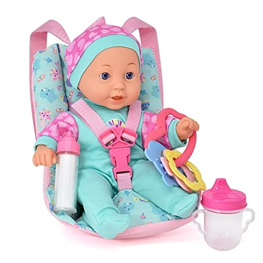 Baby Doll Car Seat with Toy Accessories, Includes 12 Inch Soft Body Doll, Booster Seat Carrier, Rattle Toy, Bib and 2 Bottles, A Travel Gift Set for Toddlers Infants Girls and Boys