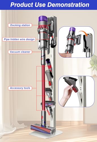 Image of Haturi Vacuum Stand for Dyson Gen5detect V16 V15 V12 Detect V11 V10 V8 V7 V6 Handheld Cordless Vacuums, Vacuum Holder and Metal Storage Bracket with Hidden Cord Design & Multiple Hooks, White