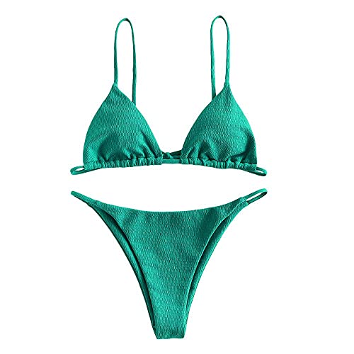 ZAFUL Women's Sexy Triangle Bikini Set Cami String Swimwear Texture High Cut Thong Swimsuit Cheeky Two Piece Bathing Suit