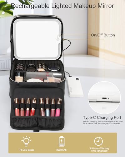 Relavel Makeup Bag with LED Mirror, Travel Makeup Case with Rechargeable Lighted Mirror 3 Color Lights, Dual Layer Cosmetic Box Makeup Brush Lipstick Holder Organizer for Women, Leather Black - Thumbnail 5