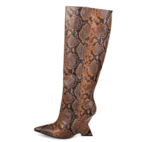 Kluolandi Womens Snake Print Knee High Boots Sexy Pointed Toe Pull On Strange Wedge Heel Tall Boots for Women