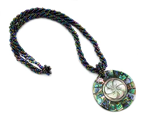 Round Iridescent Abalone Shell Necklaces for Women, Hand Crafted Natural Flower Mother of Pearl Necklace, Handmade Rainbow Color Beads Seashell Abalone Necklace Jewelry BA3103