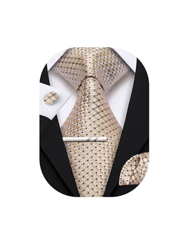 Image of YOHOWA Men Plaid /Striped Ties Set Silk Business Wedding Formal Fashion Necktie and Pocket Square Cufflinks Set