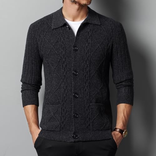 Mens 100% Wool Lapel Cardigan Sweater Cable Knitted Button Down Sweaters Chunky Fall Winter Outwear with Pockets4