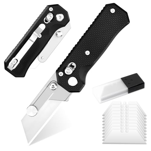 Image of Folding Pocket Utility Knife with 10Pcs Blades, EDC Quick Change Box Cutter with Clip Rail Lock, Black Razor Knife for Men Office Factory Work
