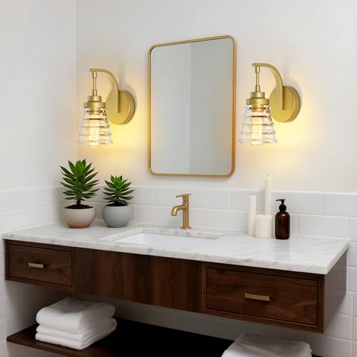 Image of Gold Bathroom Wall Sconce, Brass Wall Light Fixture with Glass Shade