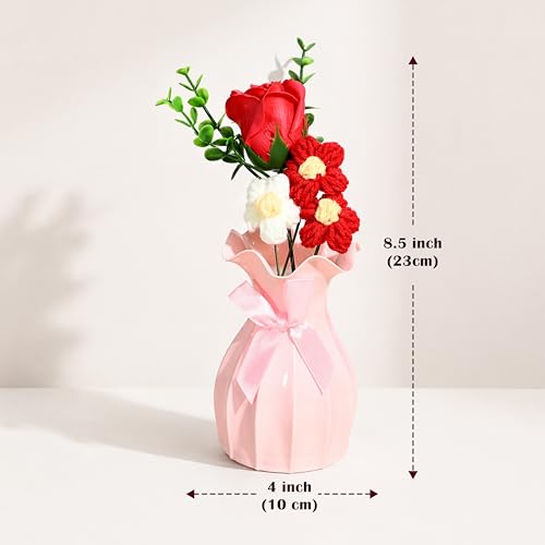 Image of Art Street Handmade Crochet Flower Vase with Artificial Rose | Red & White Knitted Flowers with Green Leaves | Decorative Pink Vase with Ribbon for Home Decor, Birthday, Anniversary