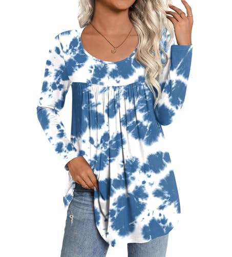 CATHY Womens Long Sleeve Casual Tunic Tops Fall Fashion 2026 Loose Fit Dressy to Wear with Leggings Winter Elastic Shirts, M, Fl White Blue