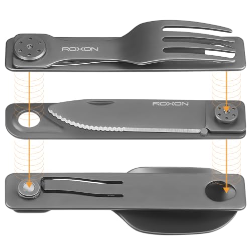 Image of ROXON 3-in-1 Camping Utensils Set (Knife, Spoon, Fork) Titanium-Plated Grey