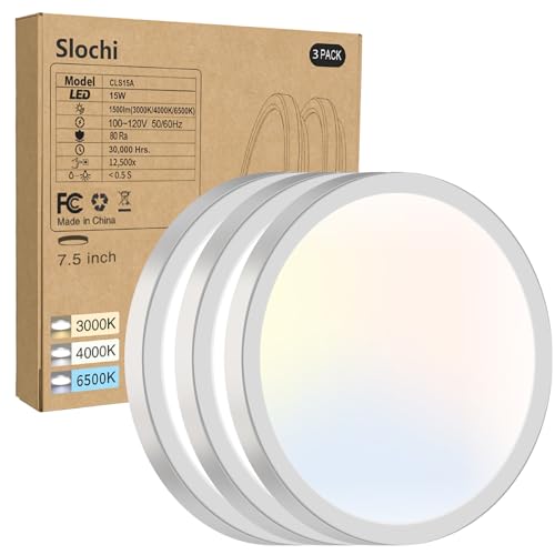 slochi 3 Pack Flush Mount Ceiling Light, 3000K-4000K-6500K Ceiling Light Fixture 7.5Inch, Ultra Thin Round White Flat led Lights for Bathroom Hallways Closet Laundry Bedroom Kitchen